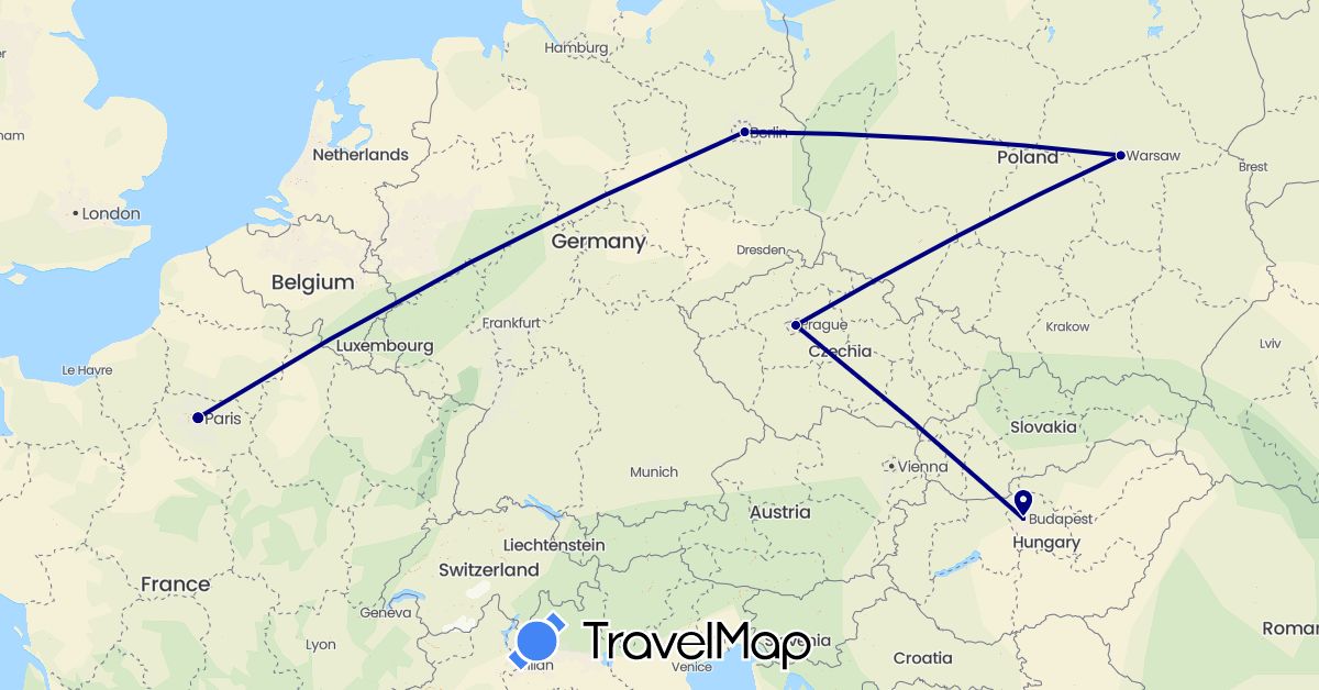 TravelMap itinerary: driving in Czech Republic, Germany, France, Hungary, Poland (Europe)